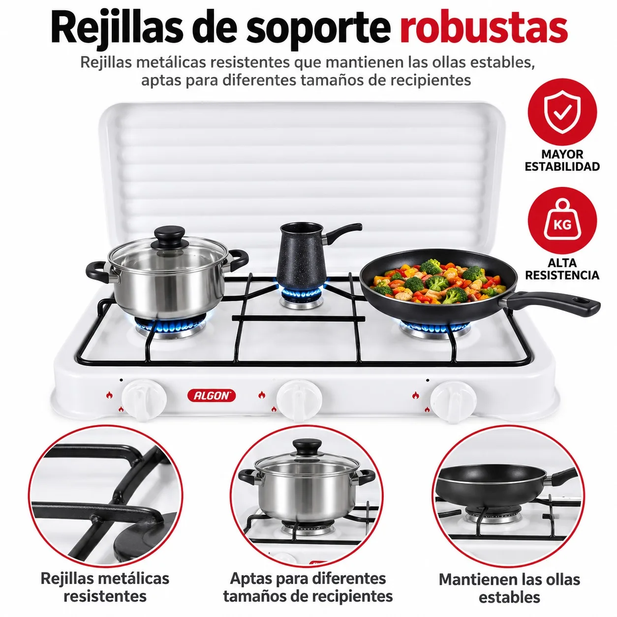 Estufa de Gas Portátil con 3 Quemadores Independientes y Tapa Protectora, Cocina de Metal Blanca para Camping, Jardín y Emergencias, Hornillo Multiusos con Rejillas de Alta Resistencia