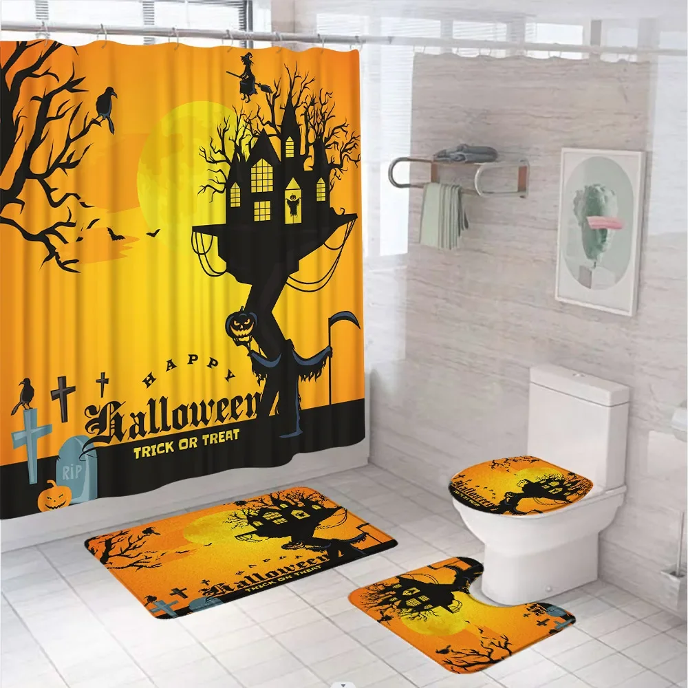 4Pcs Crow Witch Pumpkins Bathroom Shower Curtains Set Halloween Holiday Tree House Bat Screen Non-Slip Bath Mat Rug Toilet Cover