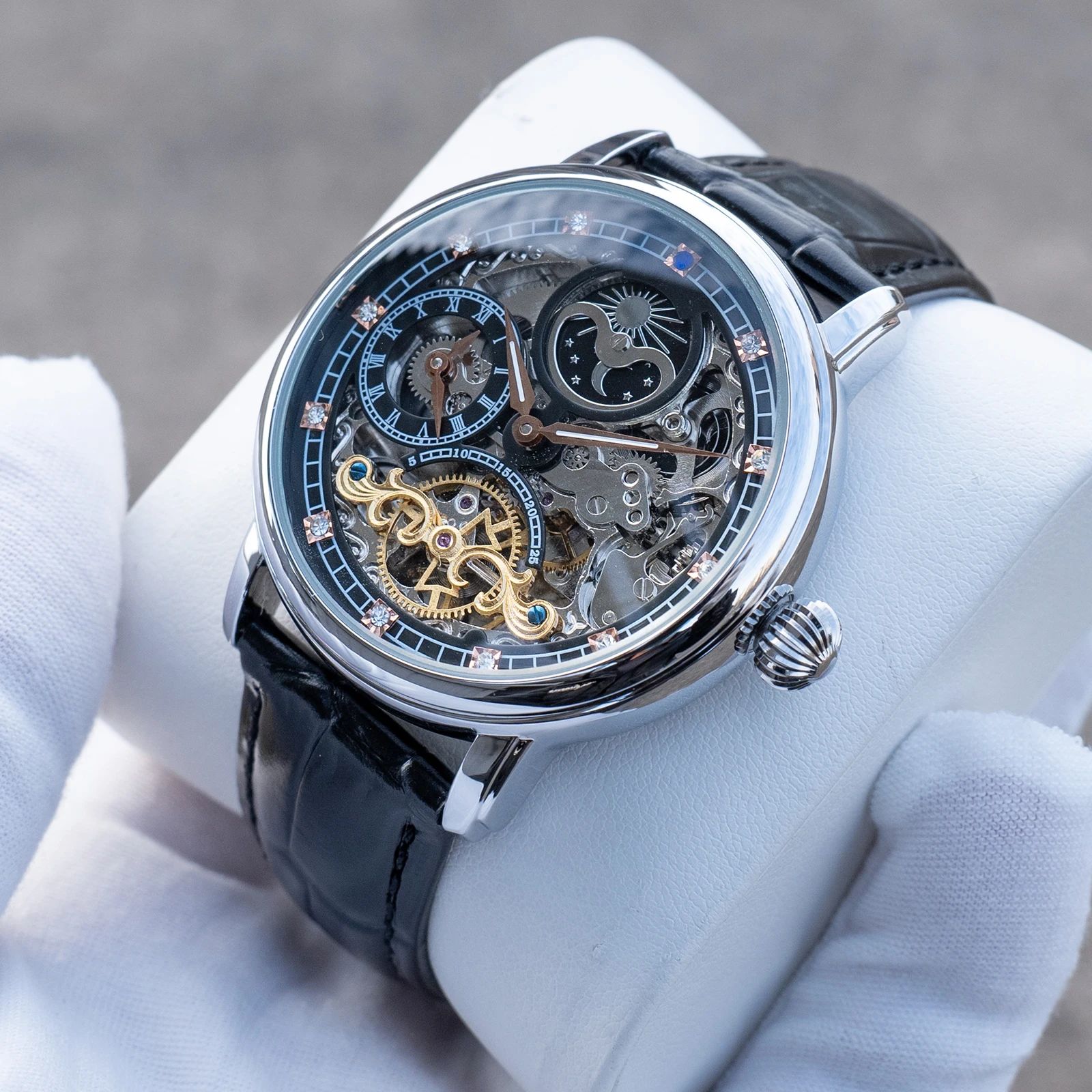 

OBLVLO Мужские механические часы с розовым золотом и звездным небом со скелетом и водонепроницаемым коричневым кожаным ремешком Moonphase, классические автоматические