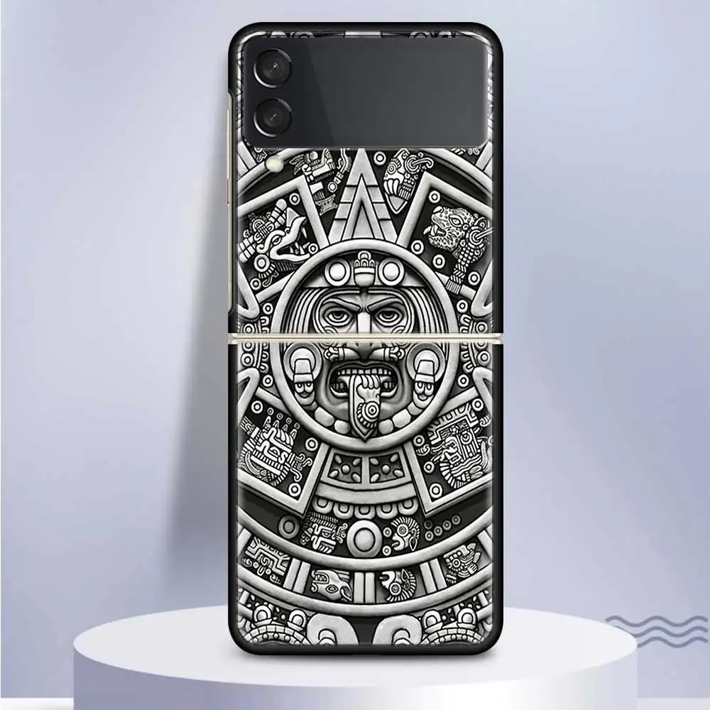 Mayan Stone Totem Pole For Samsung Galaxy Z Flip 6 5 4 3 5G Phone Case Black Hard Cover ZFlip 6 5 4 3 Shockproof Bumper Coque Ga