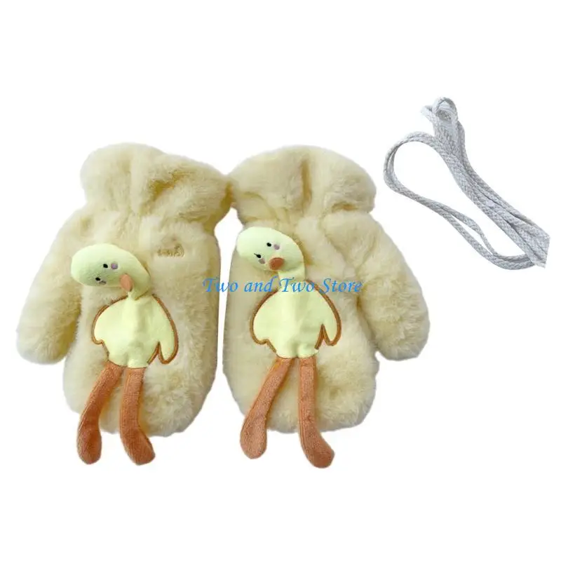 HX6F Plush Gloves Warm Skiing Gloves Girl Neck Hanging Furry Mittens for Cycling Ski