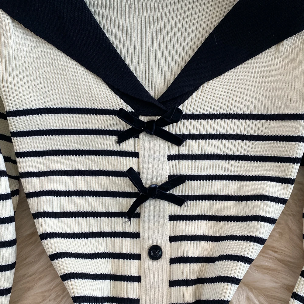 Sweet Navy Collar Striped Knitted Dress Long Sleeved Slim Fit Stretch Wrap Hip Dress Spring Female Split Mid Length Dress