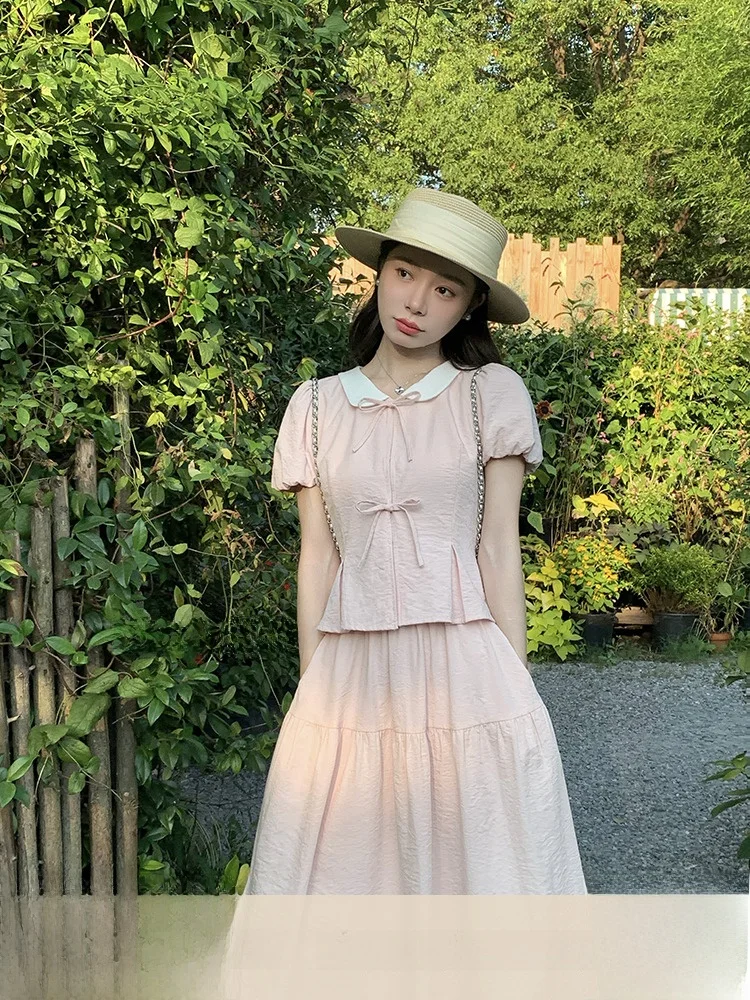 Conjunto de Falda y Blusa con Lazo en la Cintura, Estilo Casual para Mujer, Verano 2025, Nuevo Estilo, Fibra de Poliéster