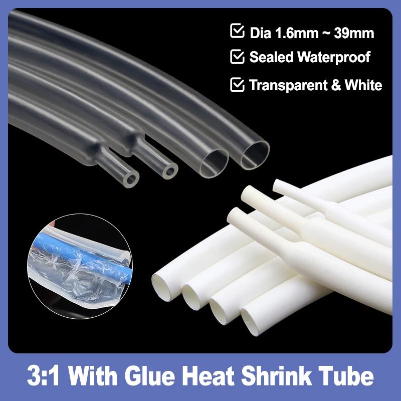 Transparent White 3:1 Heat Shrink Tube 1.6mm ~ 39mm Polyolefin Waterproof Insulated Wire Cable Sleeve Double Wall With Glue Tube