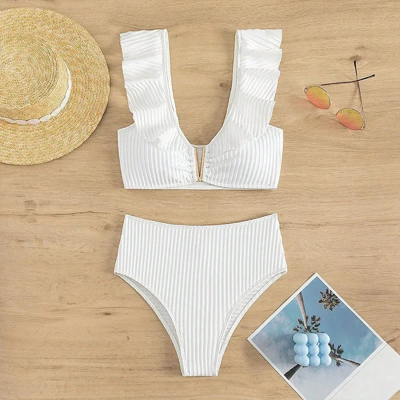 Cute Solid Lotus Leaf Split Women Bikini Set Micro Sexy Deep V Swimsuit Hot Spring Beach Style Swimsuit