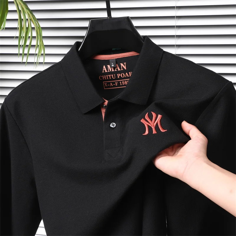 100% Cotton Man Long-Sleeved Polo Shirt Lapel Button Exquisite Embroidery Autumn Winter New Long Sleeves Leisure Men's Clothing