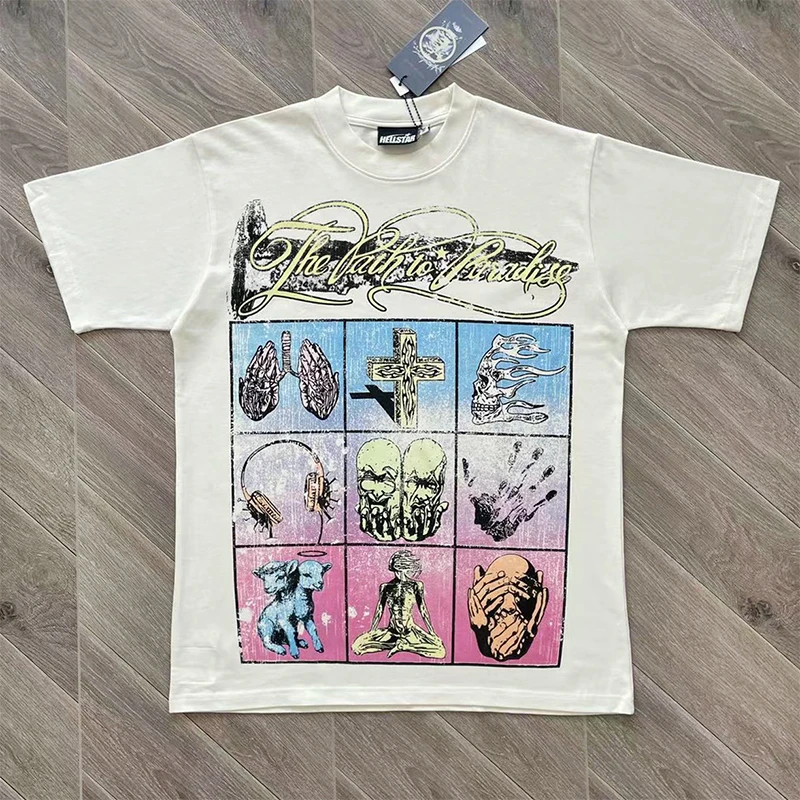 

Футболка Hellstar Studios с ретро-принтом, белая, с коротким рукавом, хлопковая, молодежная, модная, износостойкая, повседневная, с круглым вырезом, без застежек