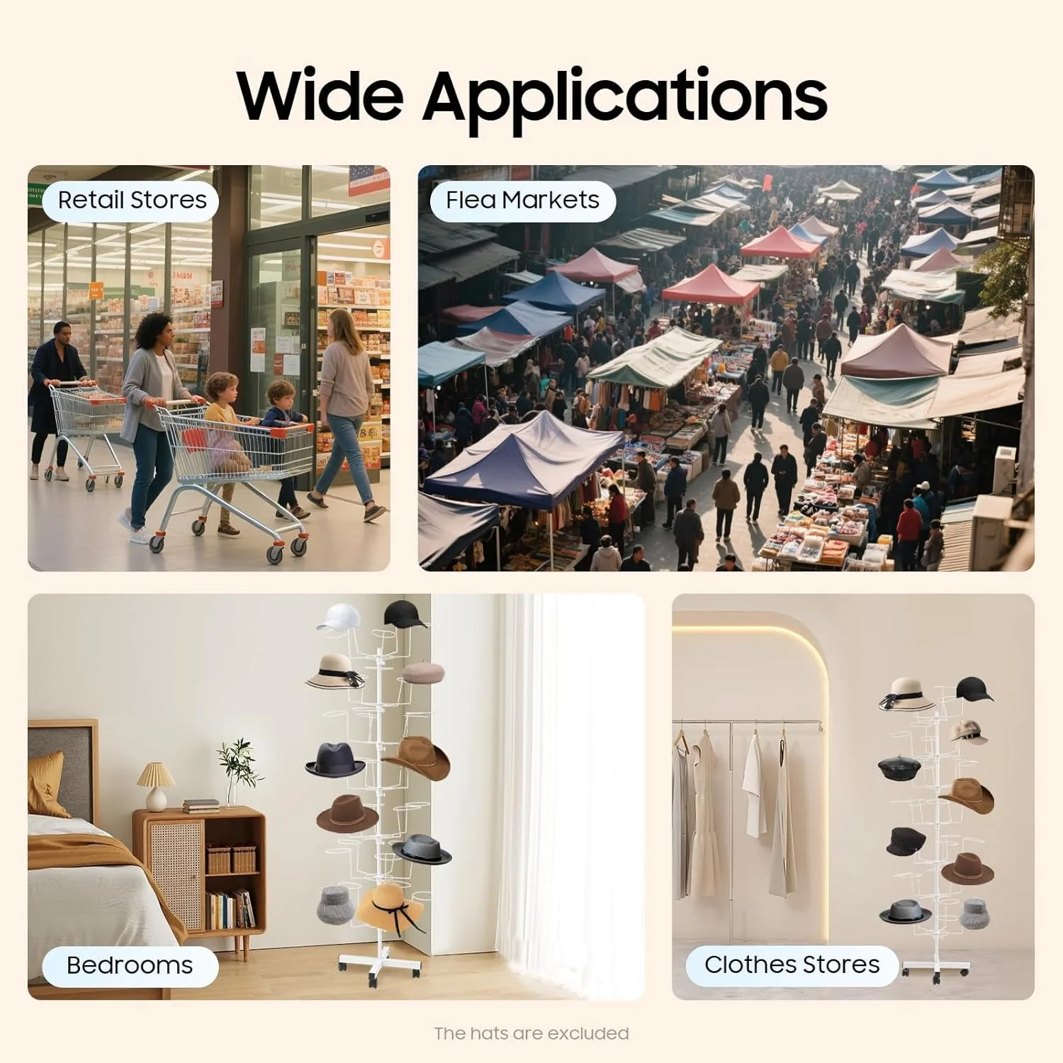 7단 회전식 모자 진열대, 35개 후크가 있는 금속 독립형 모자 보관함, 카우보이 야구 모자 정리대