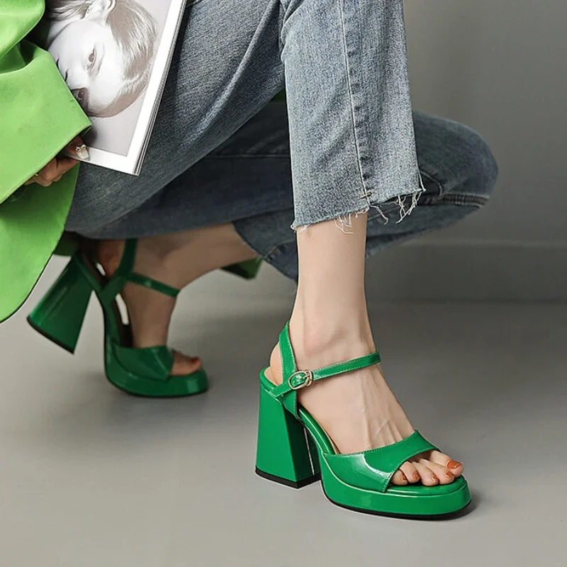 2024 Summer Woman Shoes High Heeled Sandals Soft Leather Platform Shoes Luxury Thick Sole Sandals Square High Heels Plus Size 43