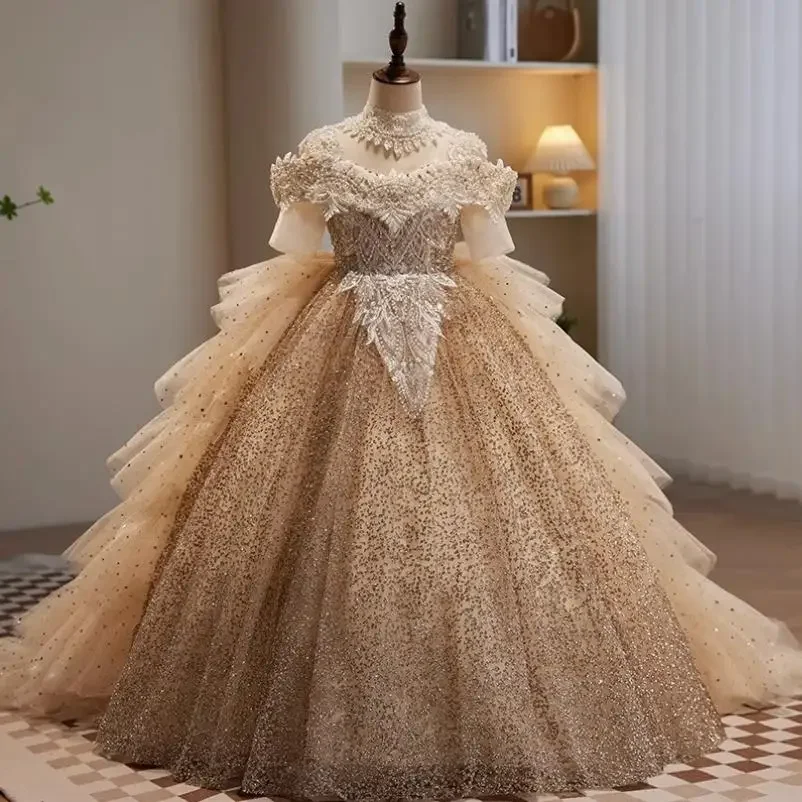 Vestido de noche de lentejuelas y perlas de alta gama para niños, vestido de boda, cumpleaños, pasarela, presentador, actuación, fiesta, vestido de cola para niñas A2894