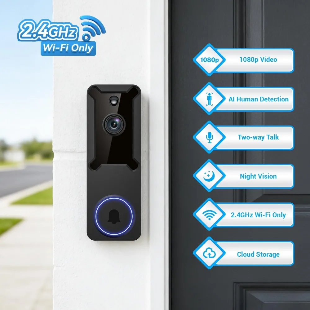 Smart Video Doorbell: 1080P HD, AI Detection, 2-Way Talk, Night Vision, WiFi, Battery, Cloud