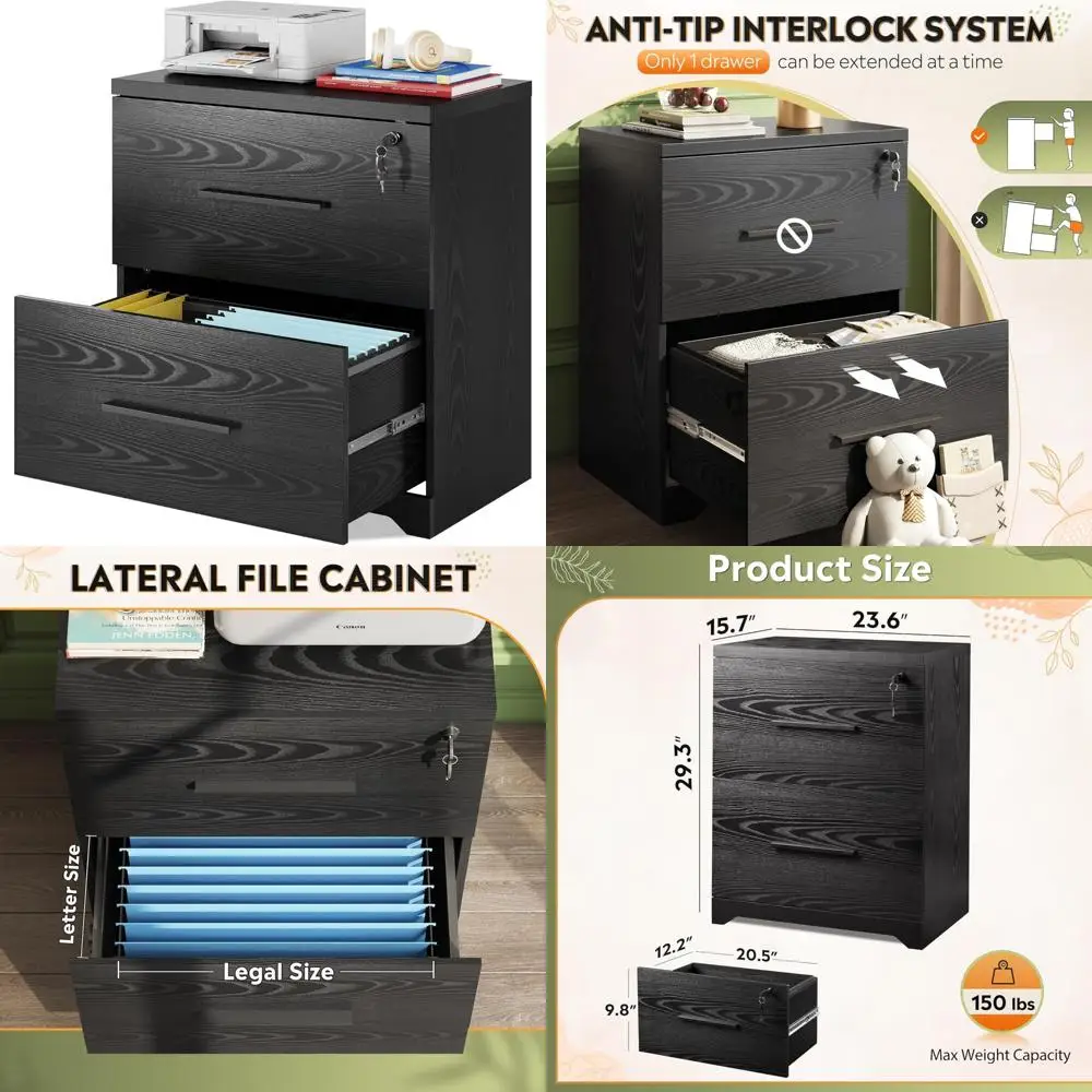 사무실 및 가정용 서랍형 잠금식 목재 측면 파일 캐비닛 2개, 검정색, 안전한 보관 솔루션