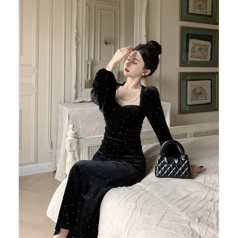 فستان ميدي أسود مخملي عتيق للنساء أنيق للحفلات واللؤلؤ الماسي فساتين حورية البحر شتوية كورية بأكمام طويلة فساتين ضيقة جديدة #1