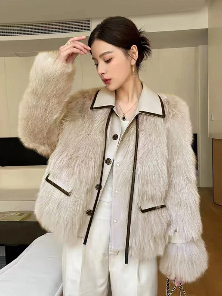 Autumn and Winter Fashion Series Women\'s New Fake Fur Coat Elegant Splicing Fur One Piece Loose Temperament Plush Fur Coat