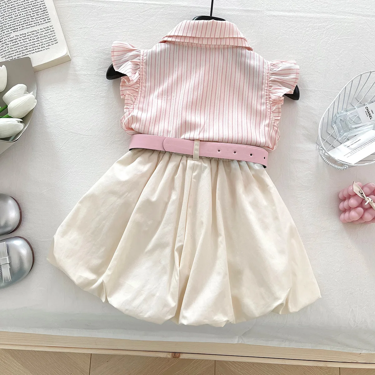 2025 ملابس الاطفال الصيف مخطط تحلق كم قميص علوي + فقاعة واسعة الساق سراويل قصيرة قطعتين عادية طفل الفتيات الزي مجموعات #2