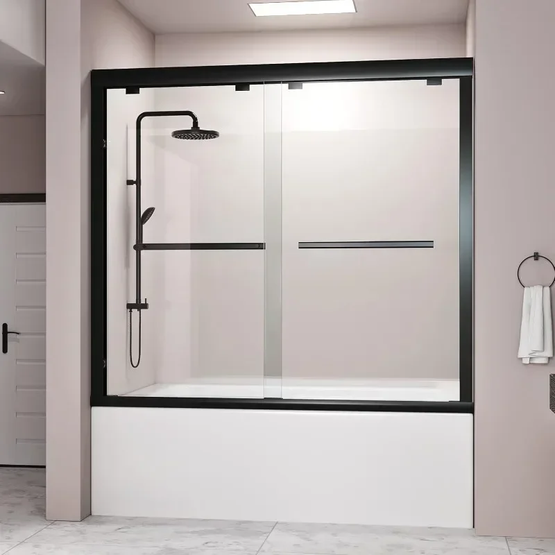 

Frameless Double Sliding Tub Door, Bypass Tub Shower Tempered Glass Door with Explosion-Proof Membrane, Stainless Steel