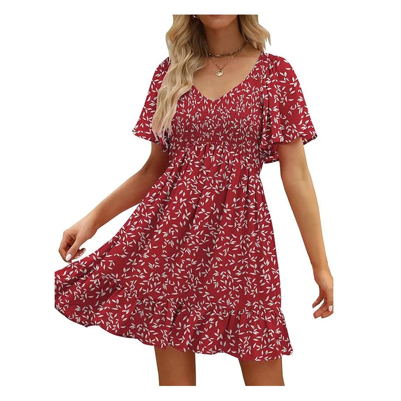 Mini abiti da donna con stampa floreale carina, scollo a V, maniche svolazzanti, casual, da spiaggia, estivi, con volant