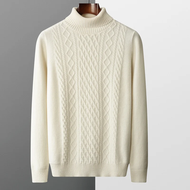 

Thickened Heavyweight Men's Cashmere Sweater High Collar Knitted Base Layer Loose Twist Flower High Neck Wool Sweater