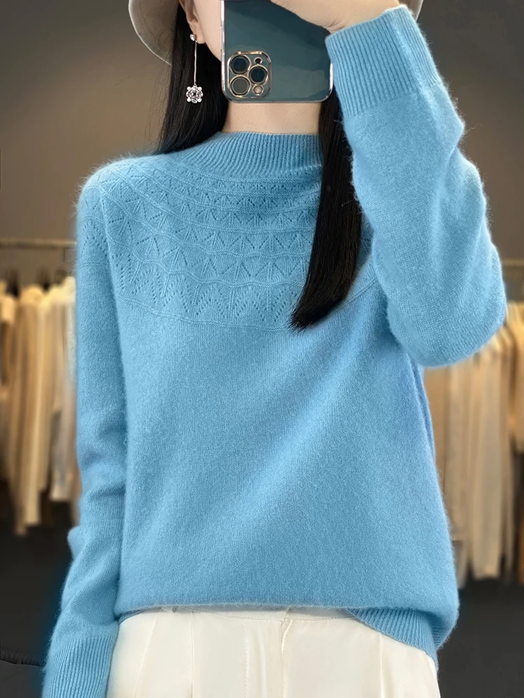 Autumn And Winter New Women\'s Hollow Knit Woolen Sweater Half High Neck Loose Jumper Long Sleeve Bottom Shirt - ZD904