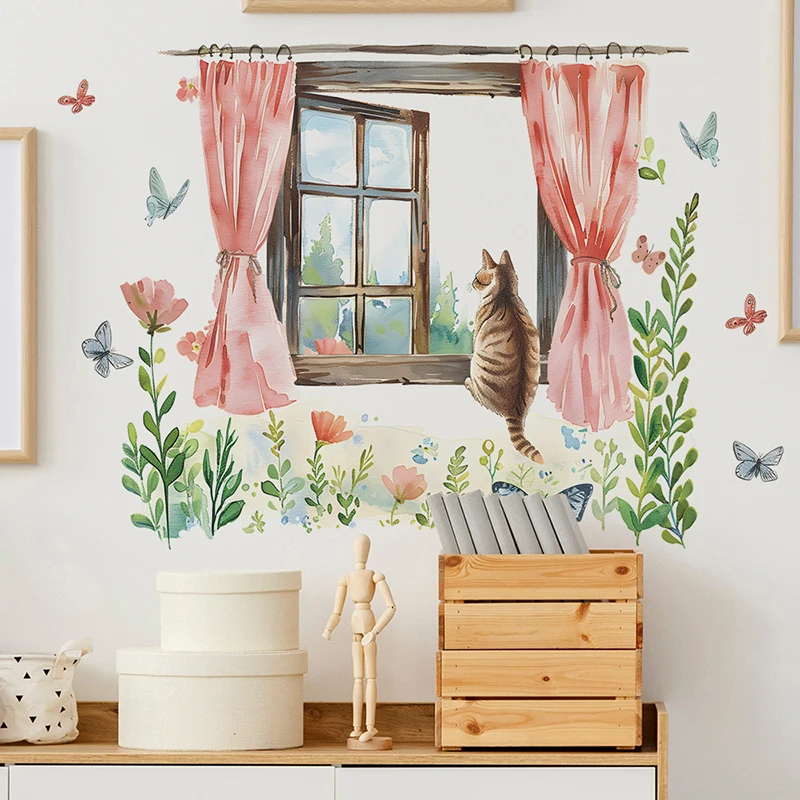 Spring Window Cat Flower Butterfly Children's Room Bedroom Living Room Porch Home Beautification Wall Sticker