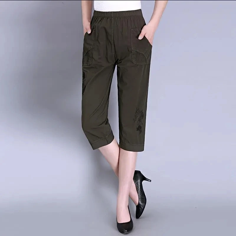 Womens 100% Cotton Capris Pants Mom Summer Pants Fashion Straight Cotton Thin Casual Trousers Women High Waist Pants Female 4XL