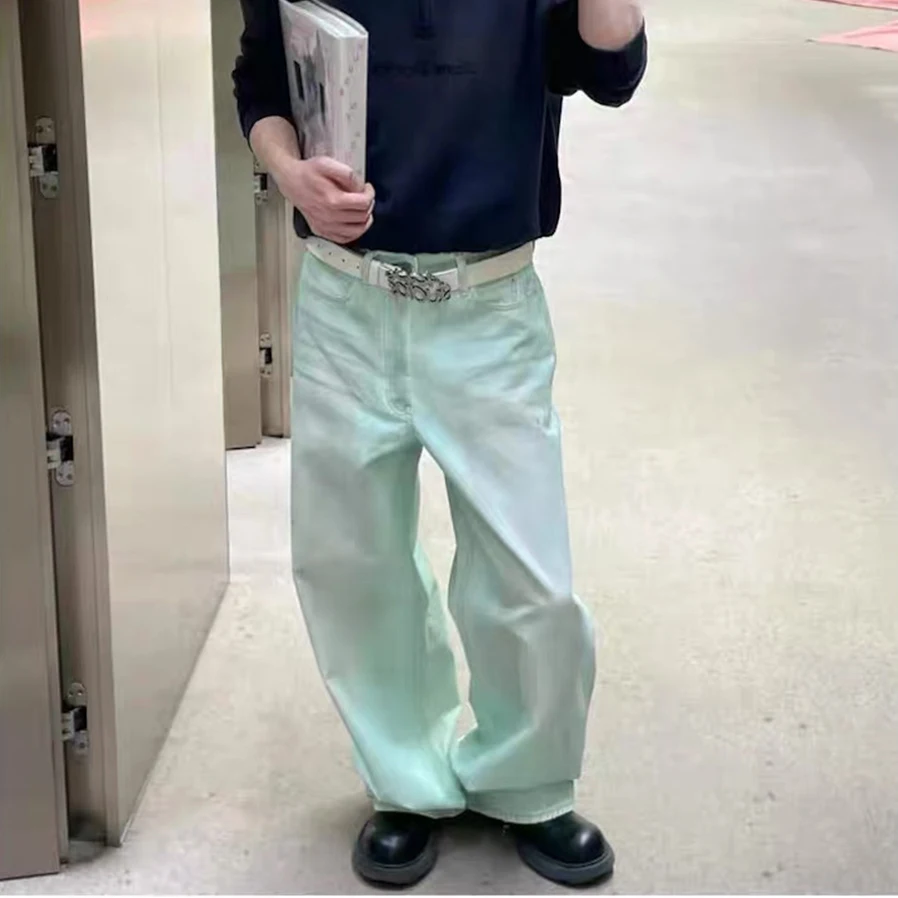 

Mint Green Color Wide Leg Baggy Jeans for Men Streetwear Harajuku Streetwear Loose Denim Pants Oversized Cargo Trousers