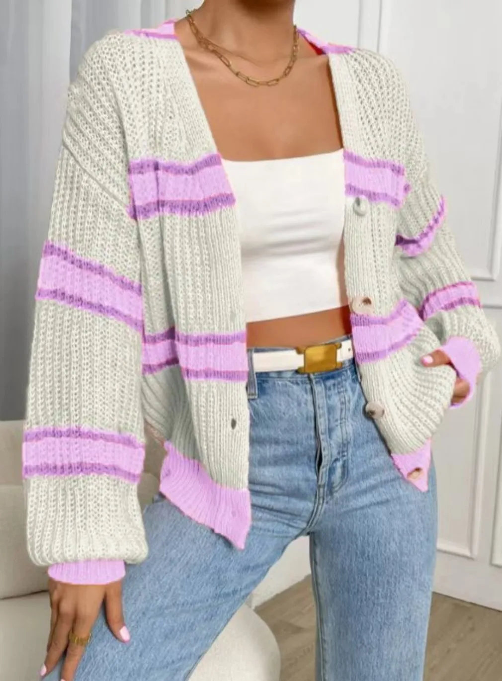 Autumn and winter cardigan sweater loose with striped knitted top lazy coat women