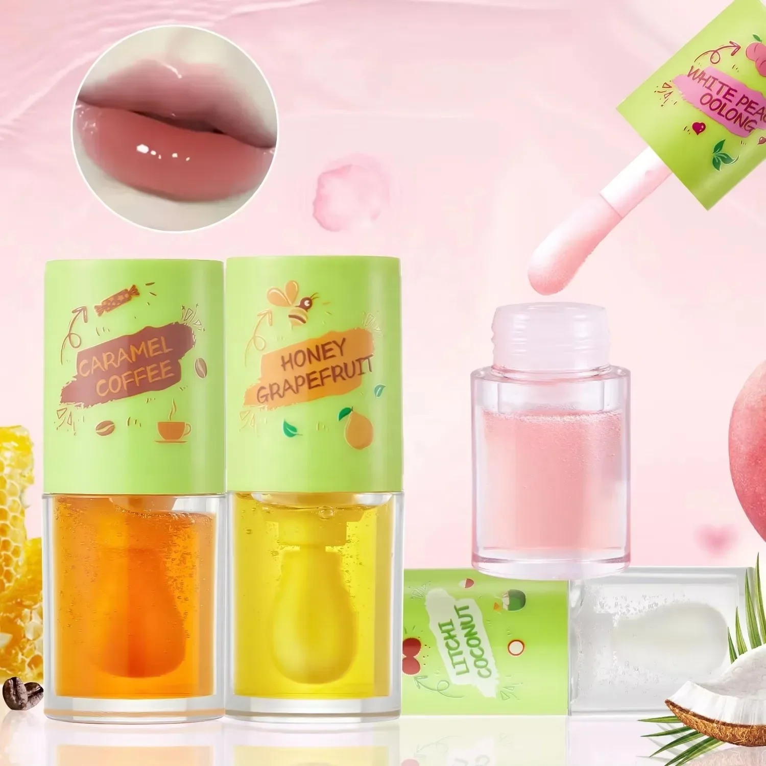 Pêssego óleo labial gloss plumping duradouro hidratante maquiagem frutas transparente bálsamo labial óleo água brilhante feminino cuidados com os lábios cosméticos