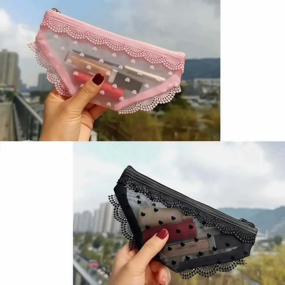 Creativity Briefs Shape Cosmetic Bag Lace Heart Transparent Makeup Storage Pouch Y2K Mesh Toiletry Bag Storage for Travel