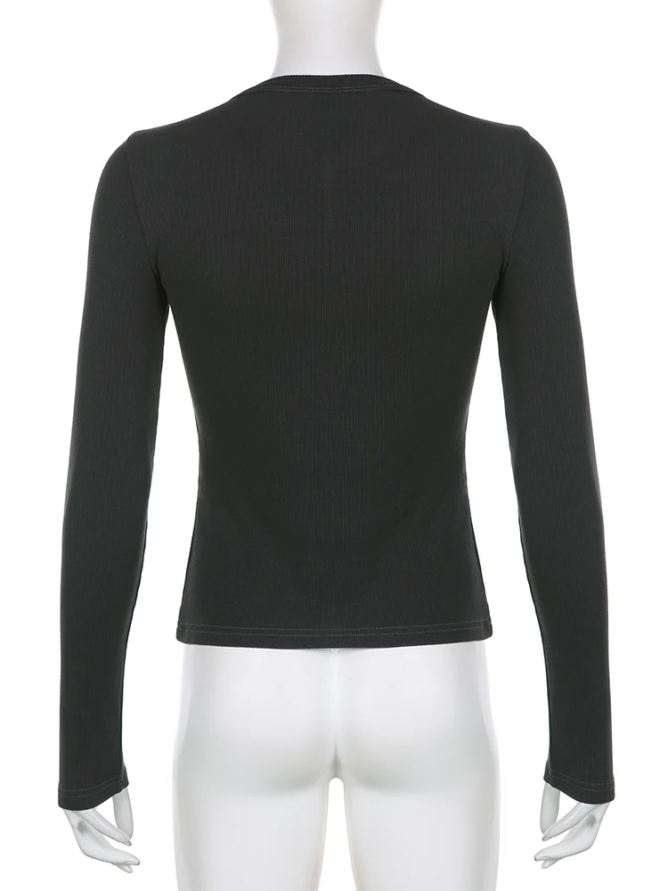 Vintage Y2K Remove Collar Rib Slim Fit Top T-shirt Aesthetic Button Vintage Sloppy Dress Solid Casual 90s Slim Fit Women's Shirt