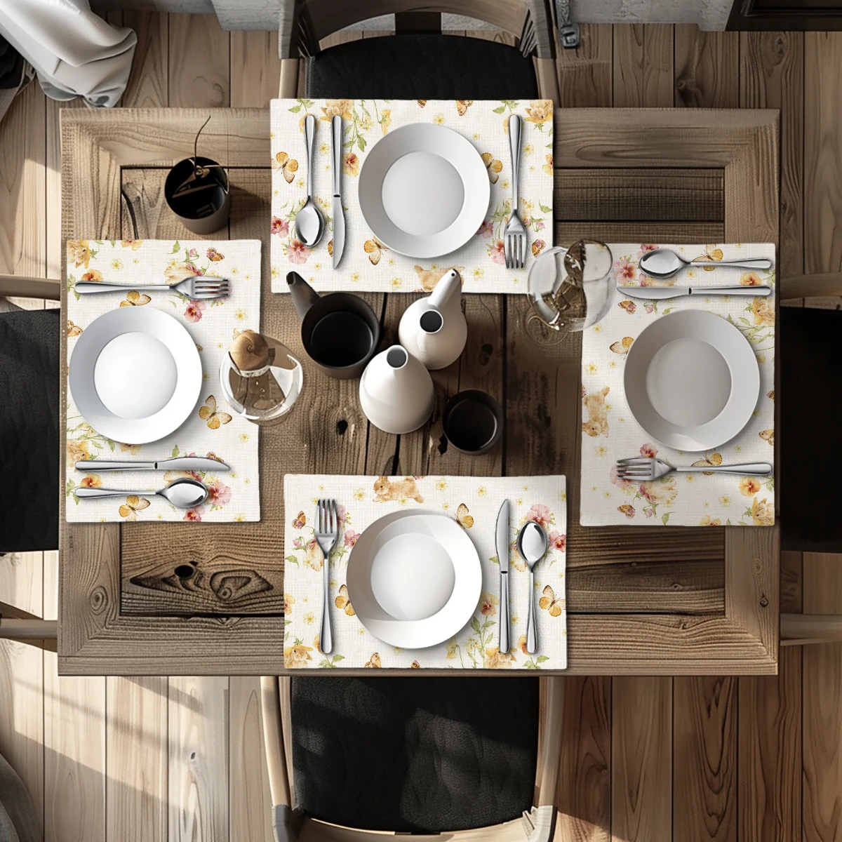 Cute Chicken & Floral Pattern Polyester Placemats & Coasters - Decorative Table Linens for Home Kitchen Dining Use