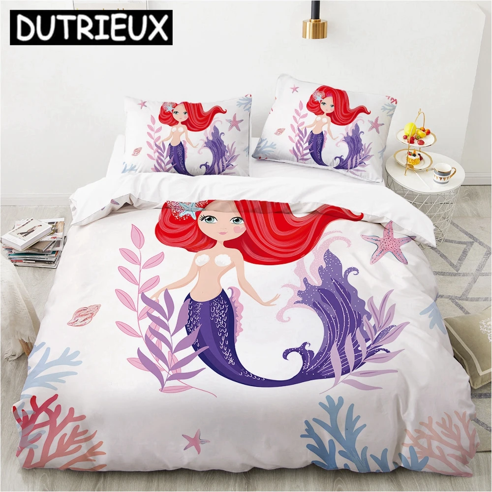 

Cartoon Mermaid Girl King Queen Duvet Cover Beautiful Lovely Mermaid Princess Print Bedding Set Kid 2/3pcs Polyester Quilt Cover