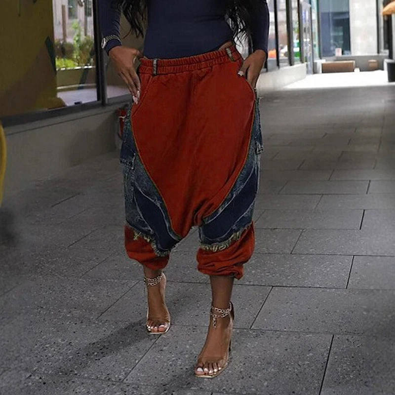 

Модные подиумные женские мешковатые джинсы-бочонки с эластичной резинкой на талии, джинсовые лоскутные уличные брюки для бега, рваные укороченные шаровары