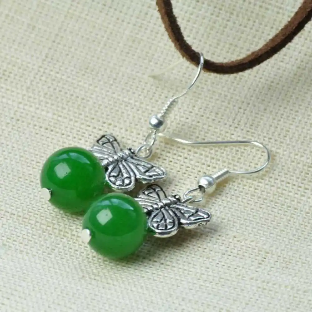 

Natural chrysoprase Earrings Tibetan silver butterfly eardrop Hook Women Ear stud Cultured Easter Party Lucky