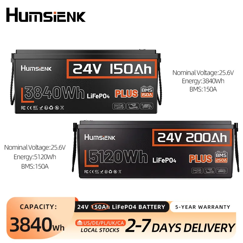 Humsienk 24V 200Ah/150Ah LiFePO4 Battery 2PK, Capacity 3840Wh/5120Wh, Built-in 200A/150A BMS,  Low-Temp Protection For Fishing, Portable Power Station, Golf Cart, Boat, Camper, Marine, Trolling Motor, Off-Grid, Solar Energy Storage, 5-Year Warranty