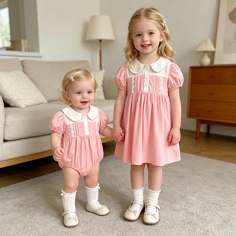 Fashion New Summer 0-24M Baby Romper Short Sleeves Cotton Baby Girl Pink Bodysuit 2-6Yrs Kids Princess Dress Sister Dress