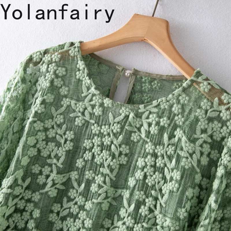 YOLANFAIRY 100% Moerbei Zijde Blouses voor Vrouw Elegante Geborduurde Zonwering Shirt Blouse Vrouwen Top Chemises Et Blouses