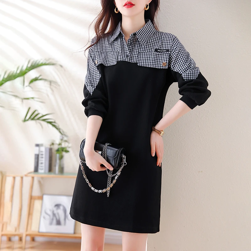 

Spring Autumn 2024 New Plus Size Women Shirt Dresses Plaid Patchwork Casual Black Dress Loose A-Line Female Clothes Robe K9835