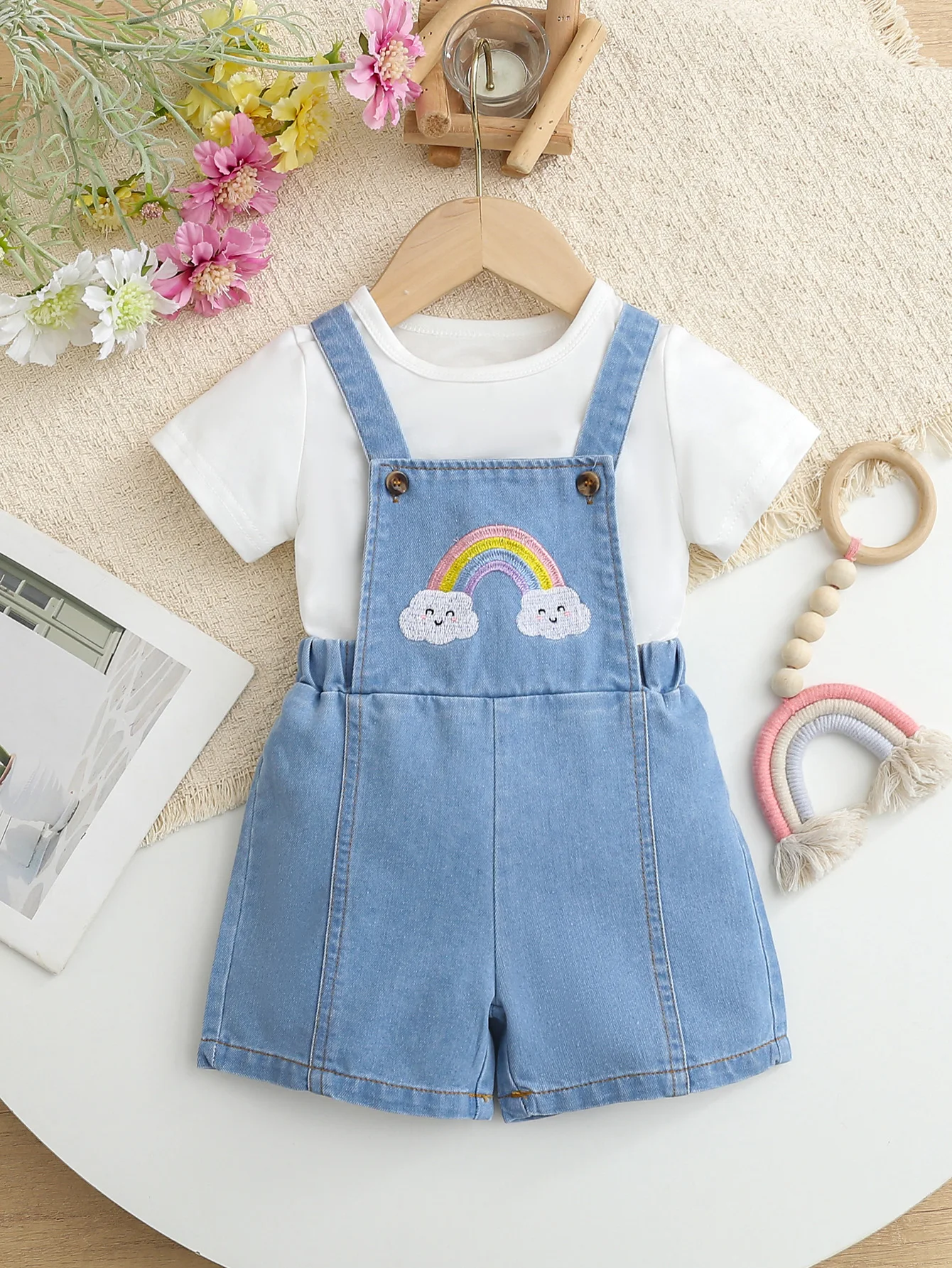 Summer Casual 2-Piece Baby Girl Round-Neck Short-Sleeved T-Shirt + Denim Rainbow Cartoon Embroidered Overalls