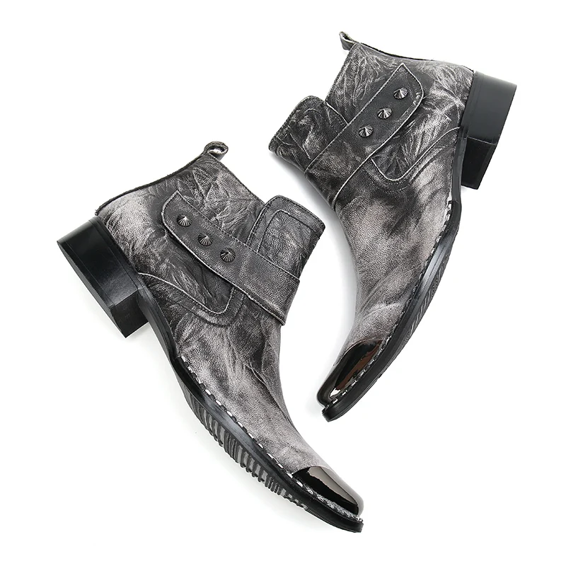 Fashion Luxury Retro Men Chelsea Boots Genuine Leather Ankle Boots Gray Italian Business Dress Shoes Square Toe Cowboy Boots