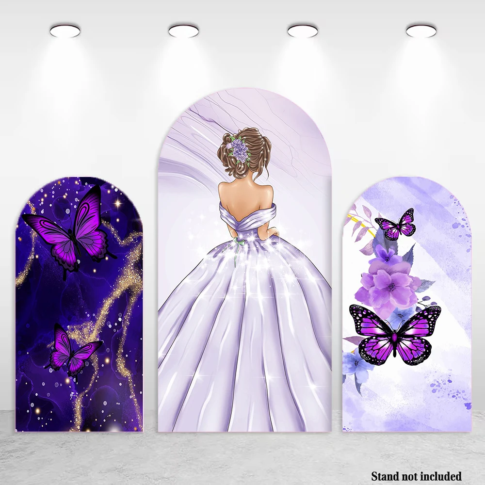 Mocsicka الأميرة فتاة 15th عيد ميلاد قوس لوحة خلفية الخيال الأرجواني فستان الأميرة الذهب خلفية Quinceanera صورة حفلة