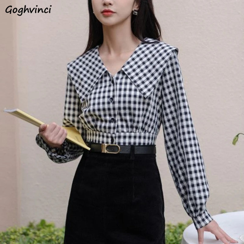 Crop Shirts Women Plaid Graceful Preppy Style Vintage Gentle Literary Office Lady Autumn Chic Design Temperament Classic Popular