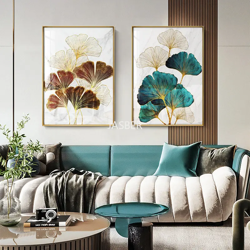 Green Ginkgo Biloba and Abstract Gold Wall Art Canvas Painting Leaf Posters and Living Room Prints Decoration Home Decor Picture