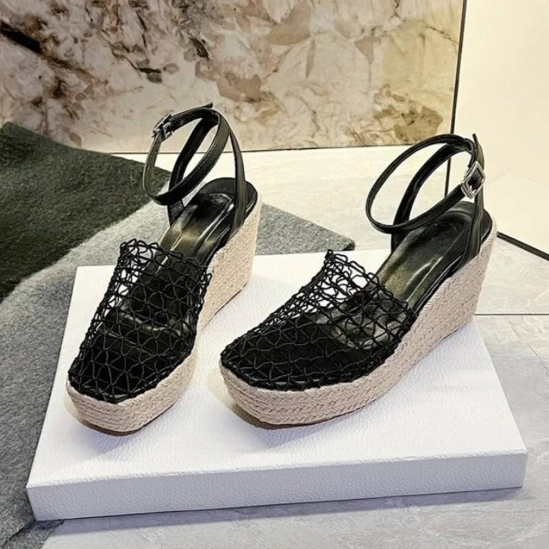 

Aneikeh Fashion Retro Woven Hollow Square Toe Thick Heel High Heels Women Sandals Casual Retro Wedge Platform Roman Sandals Shoe