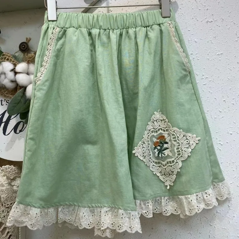 Japanese Sweet Lolita Summer 2024 Patchwork Elasticized High-waisted Lace Pocket Fashion Solid Color Comfortable Casual Shorts