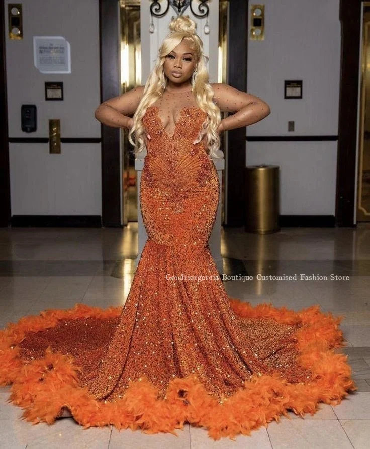 Bright Orange Mermaid Prom Dress 2024 Luxurious Sheer Mesh Long Sleeve Diamond Beaded Feather Black Girls Birthday فساتين سهرات