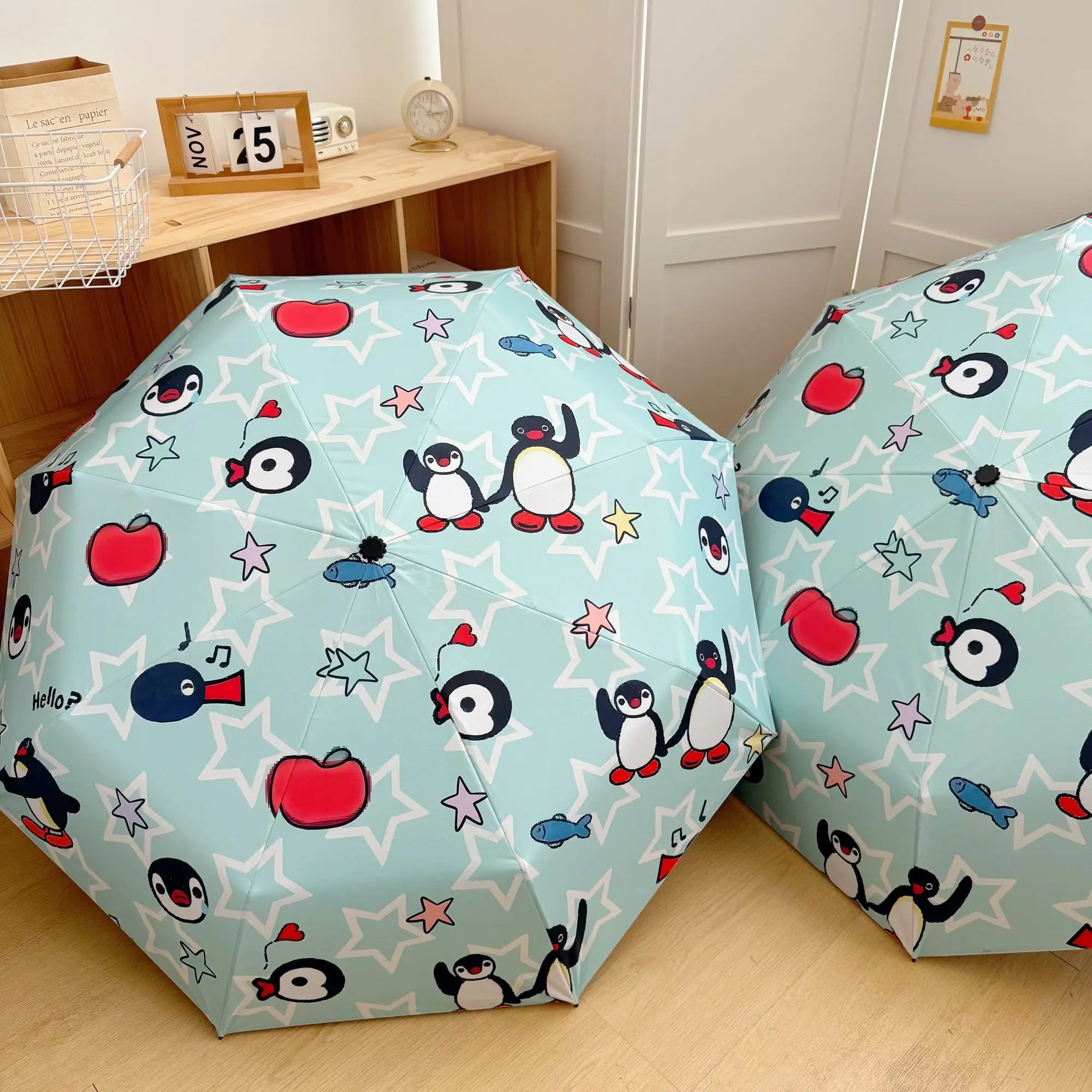 Auto Open Close Sun Umbrella with Black Lining - Cute Green Penguin Chick Digital Print, UPF 50+ UV Protection, Compact 3-Fold (