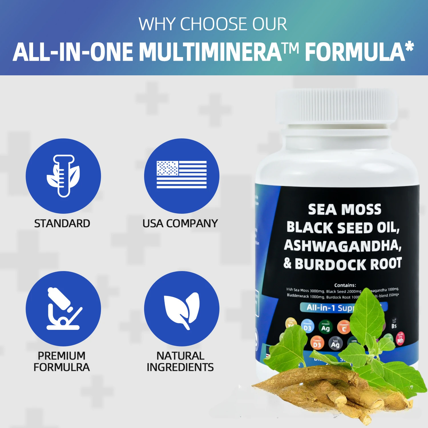 

Капсулы Sea moss вегетарианское масло черных семян, Южноафриканский пьяный баклажан, 60 капсул