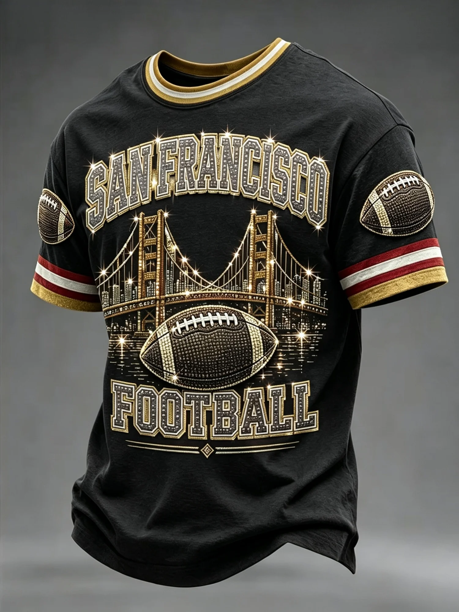 Red and gold color-blocked Dallas crew-neck T-shirt, San Francisco football shiny soccer print, back-to-school casual outfit.