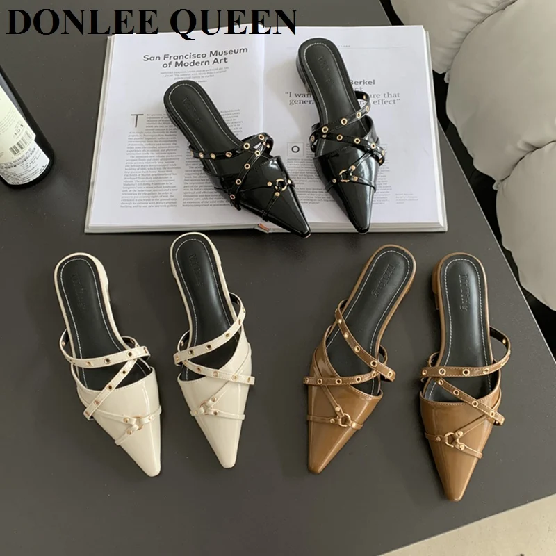 Fashion Pointed Toe Flat Heel Mules Shoes Women Closed Toe Outdoor Slippers Elegant Slide Narrow Band Sandal Brand Rivet Slipper